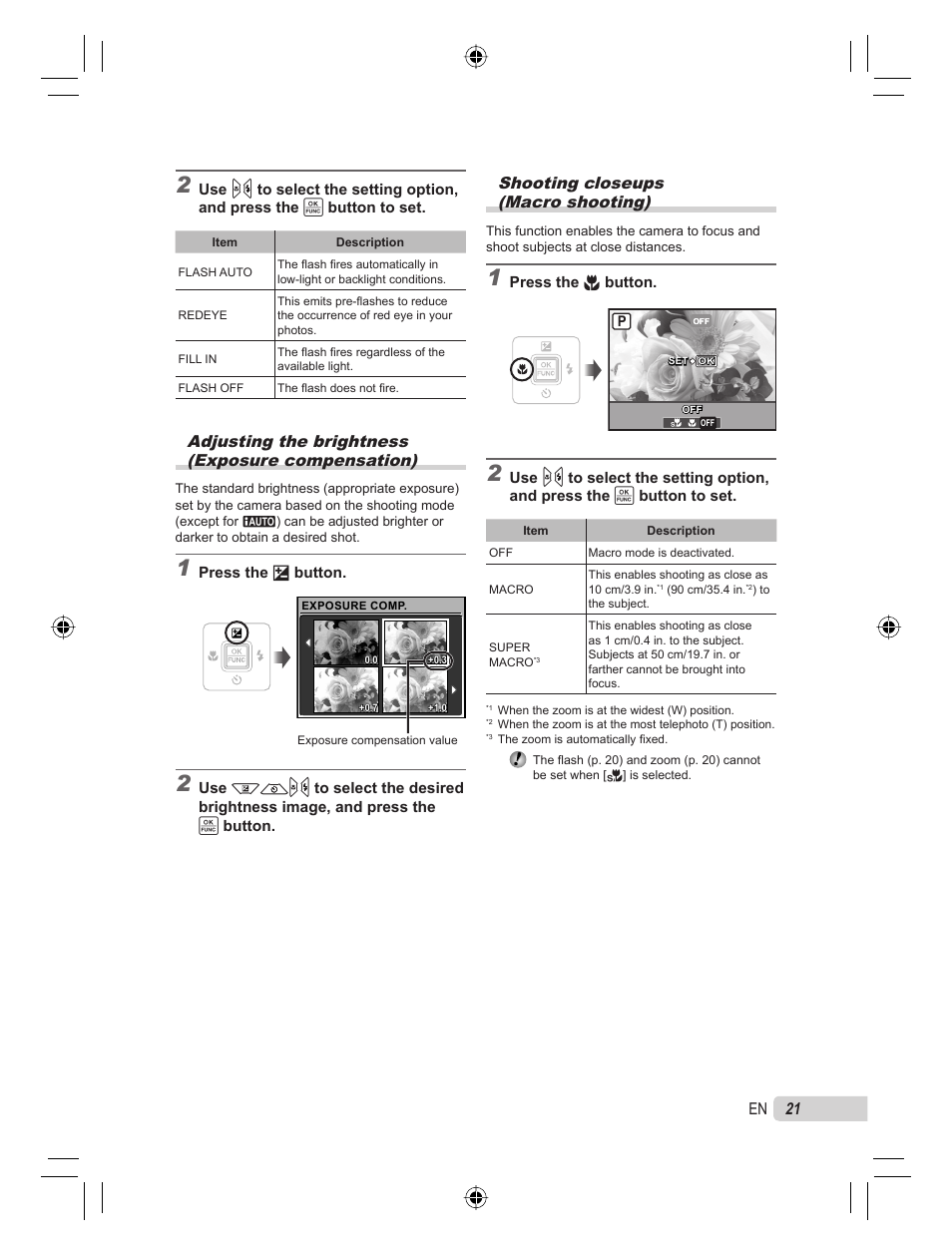 Adjusting the brightness (exposure compensation), Shooting closeups (macro shooting), 21 en | Olympus 9000 User Manual | Page 21 / 78