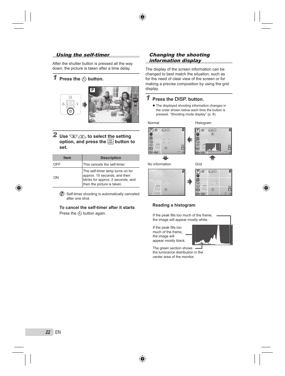 Using the self-timer, Changing the shooting information display, 22 en | Press the y button, Press the g button, Reading a histogram | Olympus 9000 User Manual | Page 22 / 78