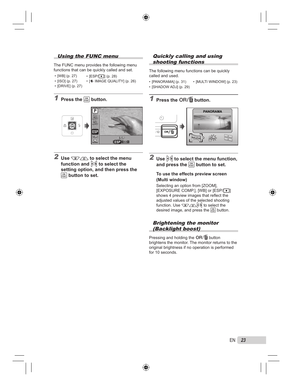 Using the func menu, Quickly calling and using shooting functions, Brightening the monitor (backlight boost) | Olympus 9000 User Manual | Page 23 / 78