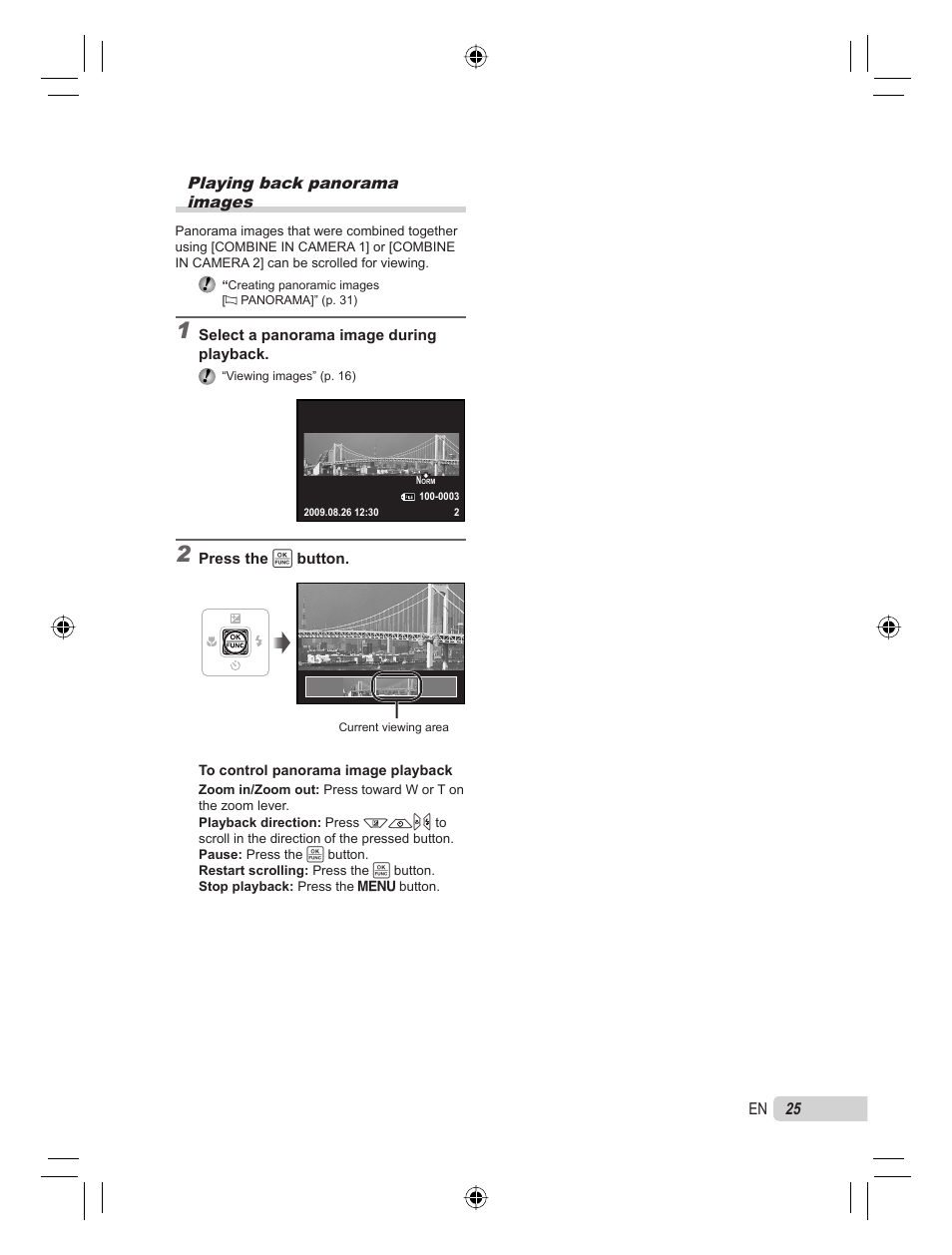 Playing back panorama images | Olympus 9000 User Manual | Page 25 / 78