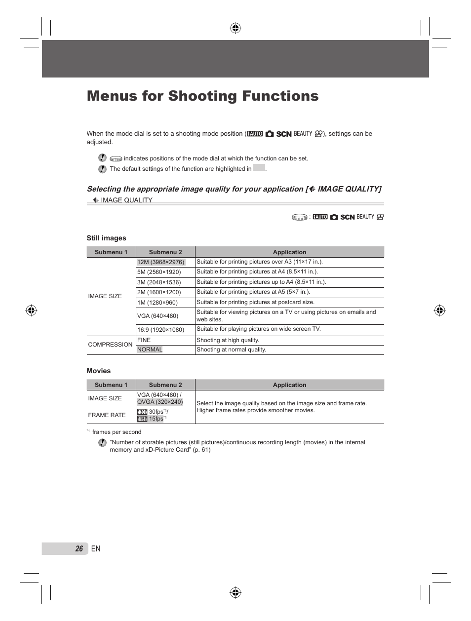 Menus for shooting functions, 26 en | Olympus 9000 User Manual | Page 26 / 78