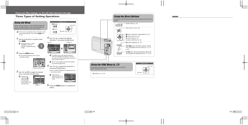 Using the menu, Using the func menu (p. 23), Using the direct buttons | Three types of setting operations, 3 en 77 en, 3en 4 en | Olympus 9000 User Manual | Page 3 / 78