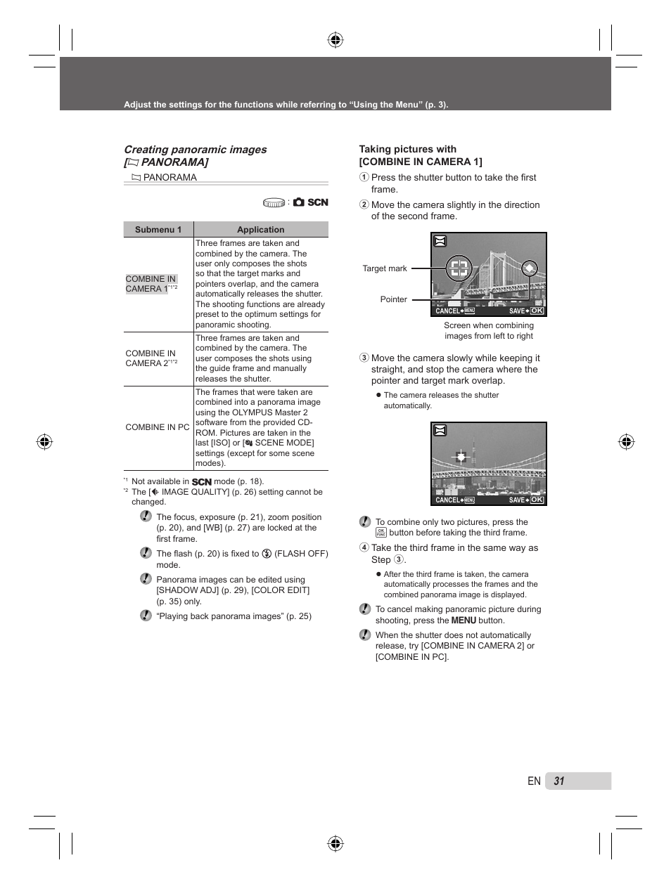 31 en, Creating panoramic images [ n panorama | Olympus 9000 User Manual | Page 31 / 78