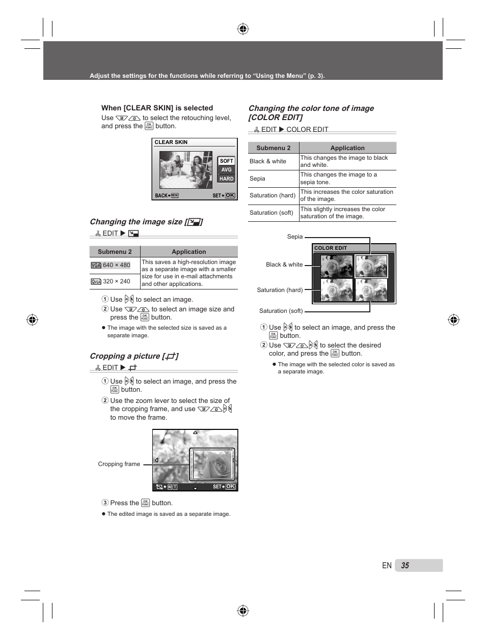 35 en, Changing the image size [ q, Cropping a picture [ p | Changing the color tone of image [color edit | Olympus 9000 User Manual | Page 35 / 78