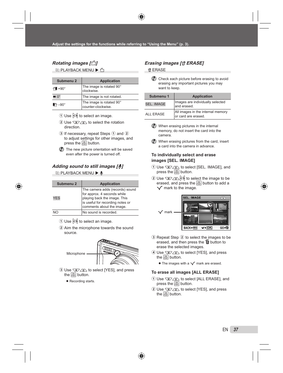 37 en, Rotating images [ y, Adding sound to still images [ r | Erasing images [ k erase | Olympus 9000 User Manual | Page 37 / 78