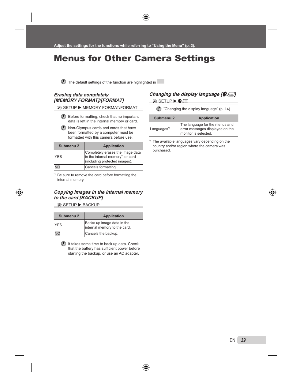 Menus for other camera settings, 39 en, Changing the display language [ w | Olympus 9000 User Manual | Page 39 / 78