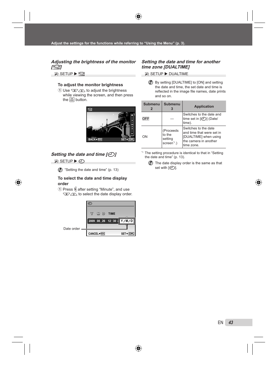 43 en, Adjusting the brightness of the monitor [ s, Setting the date and time [ x | Olympus 9000 User Manual | Page 43 / 78