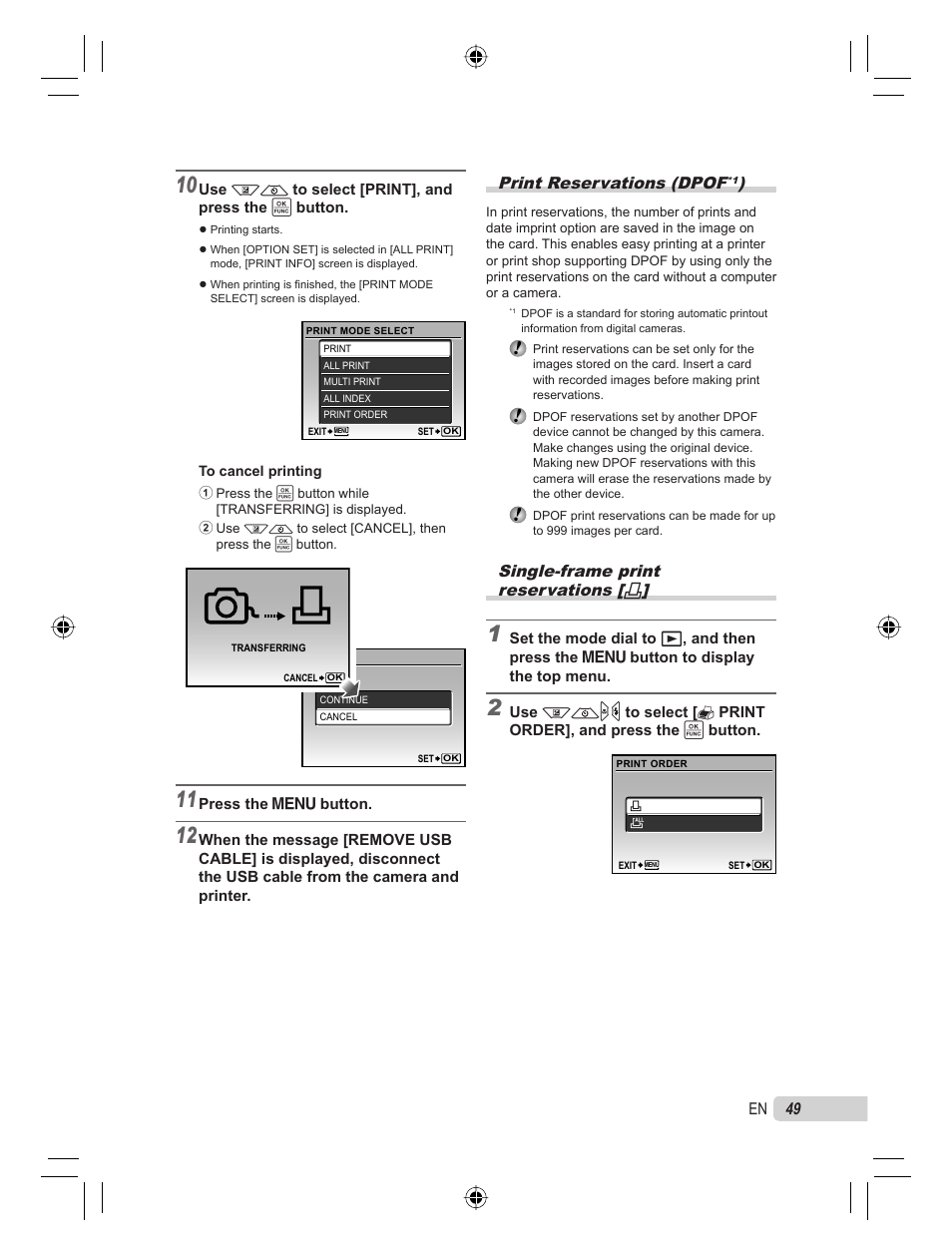 Print reservations (dpof, Single-frame print reservations | Olympus 9000 User Manual | Page 49 / 78