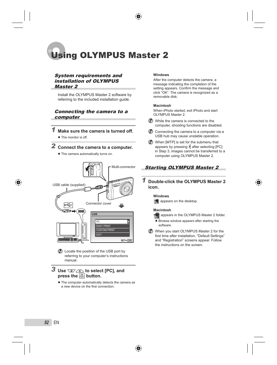 Using olympus master 2, Starting olympus master 2, Connecting the camera to a computer | Olympus 9000 User Manual | Page 52 / 78