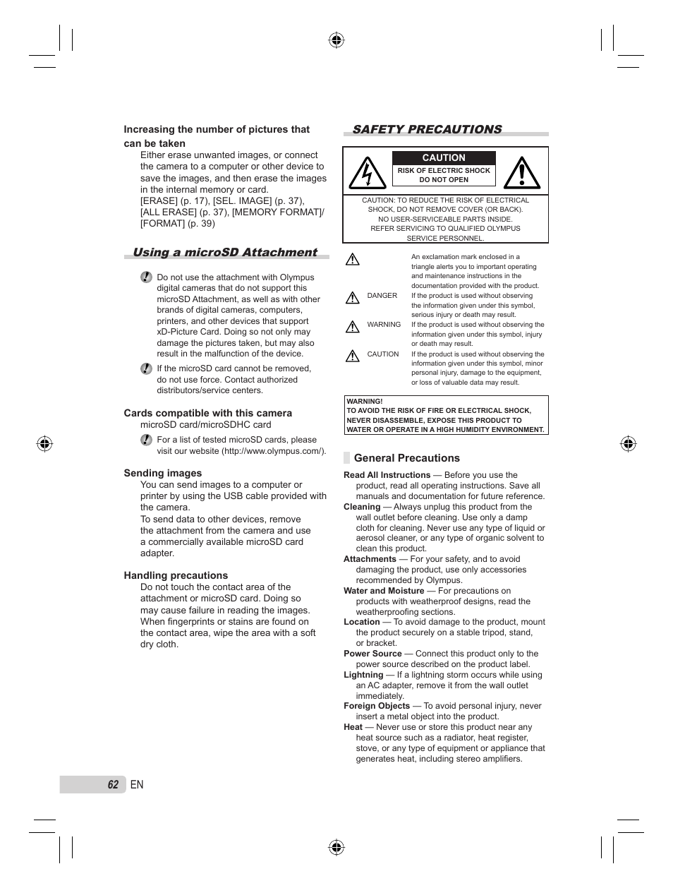 Using a microsd attachment, Safety precautions, 62 en | Olympus 9000 User Manual | Page 62 / 78