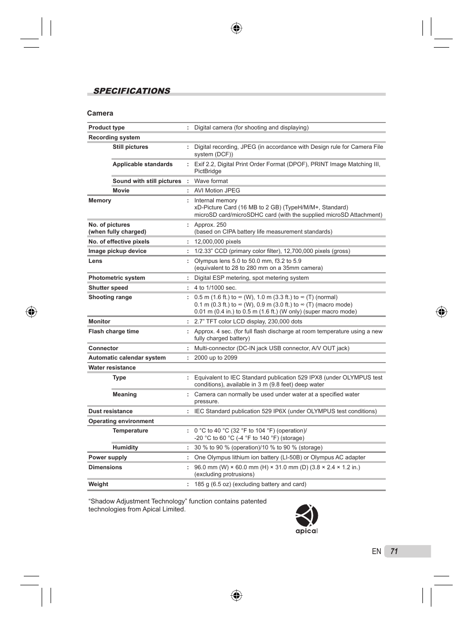 Specifications, 71 en | Olympus 9000 User Manual | Page 71 / 78