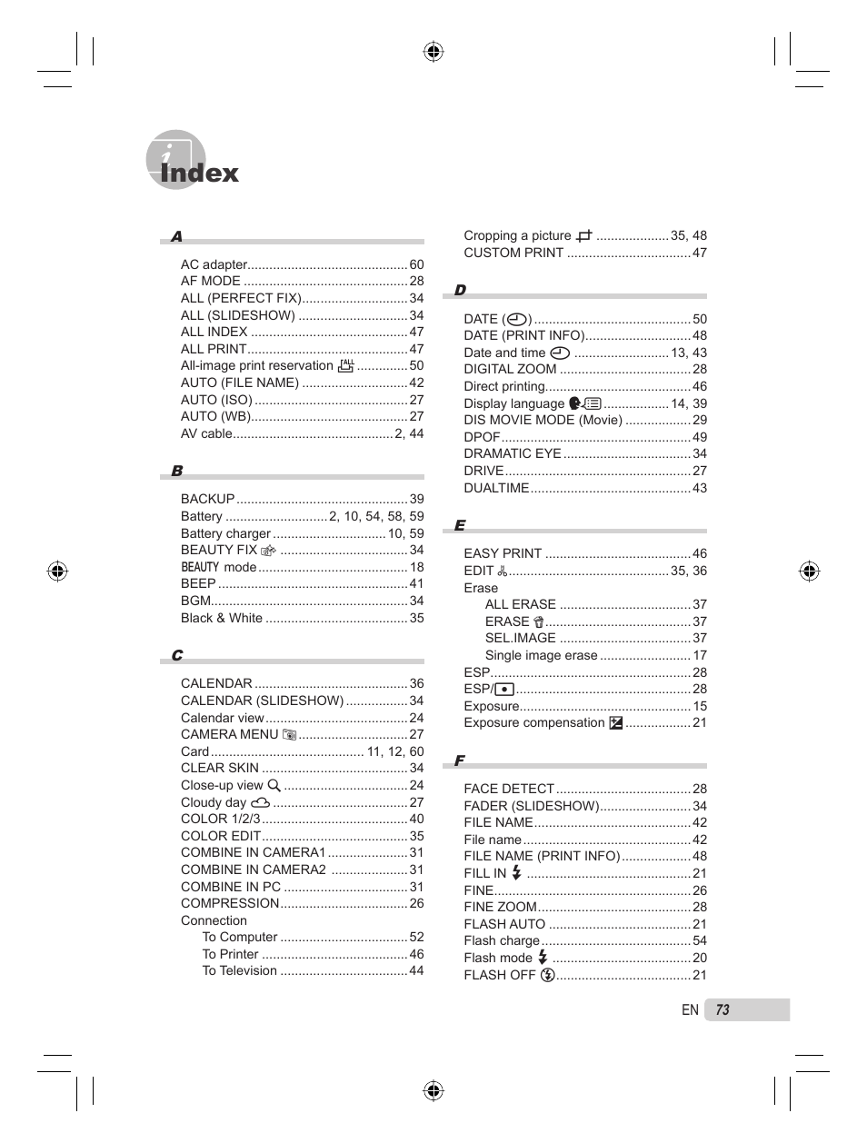 Index | Olympus 9000 User Manual | Page 73 / 78