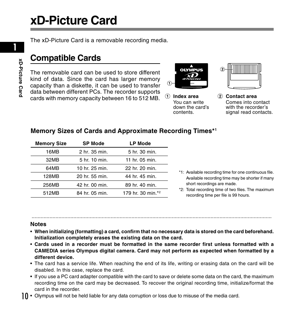 Xd-picture card, Compatible cards | Olympus DS-4000 User Manual | Page 10 / 60