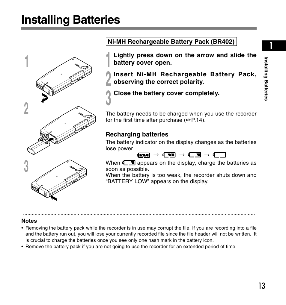 Installing batteries | Olympus DS-4000 User Manual | Page 13 / 60