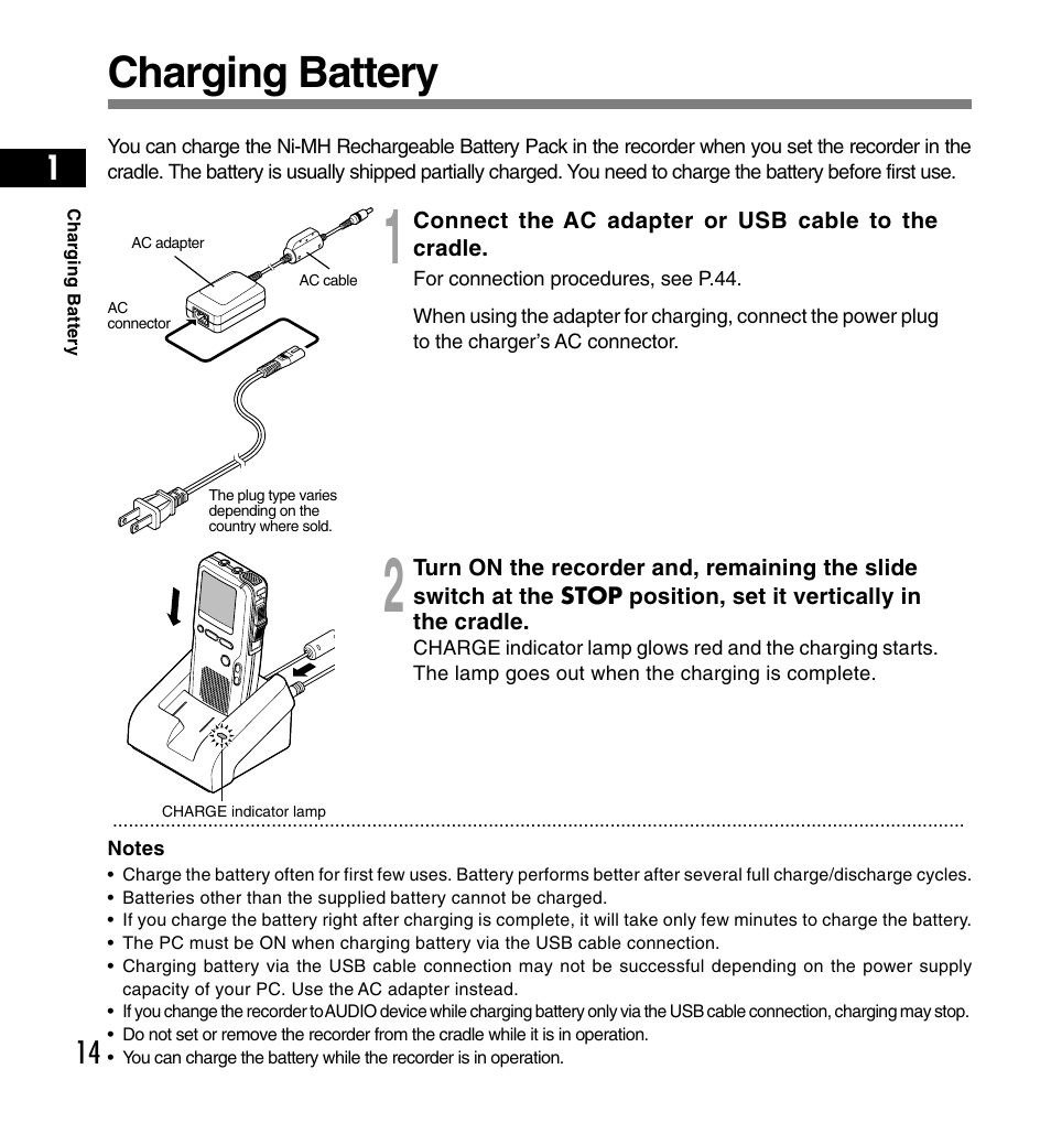 Charging battery | Olympus DS-4000 User Manual | Page 14 / 60