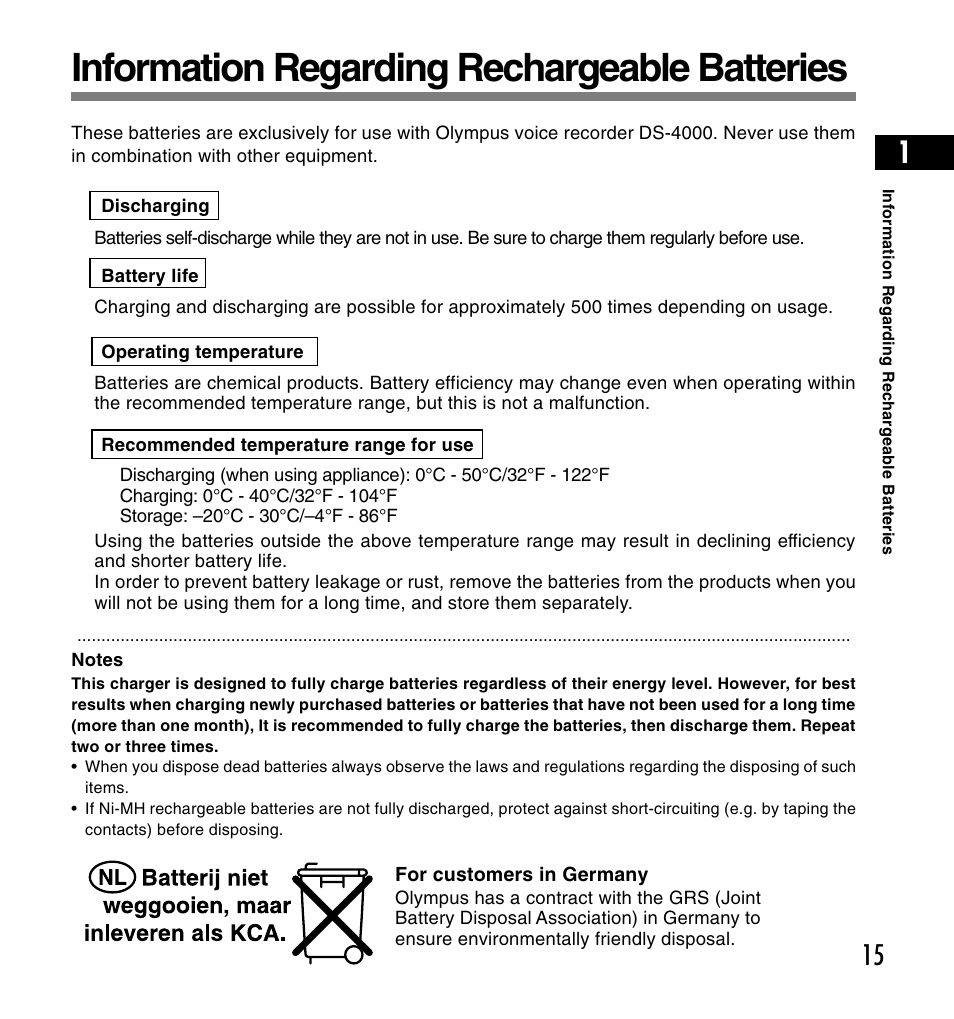 Information regarding rechargeable batteries | Olympus DS-4000 User Manual | Page 15 / 60