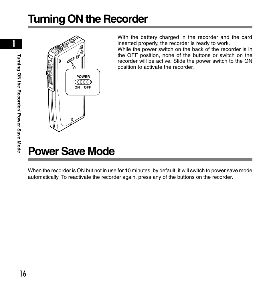 Turning on the recorder, Power save mode | Olympus DS-4000 User Manual | Page 16 / 60