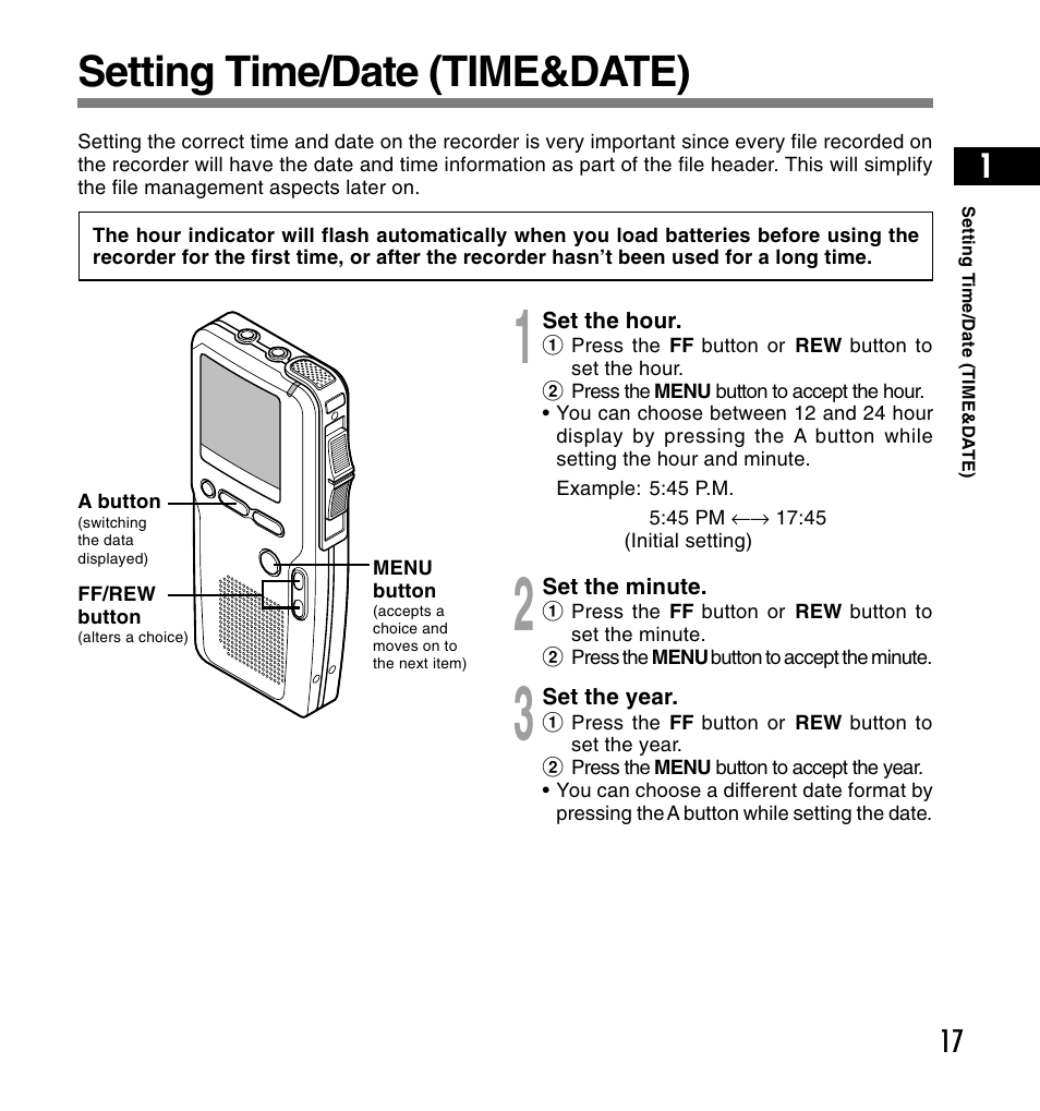 Setting time/date (time&date) | Olympus DS-4000 User Manual | Page 17 / 60