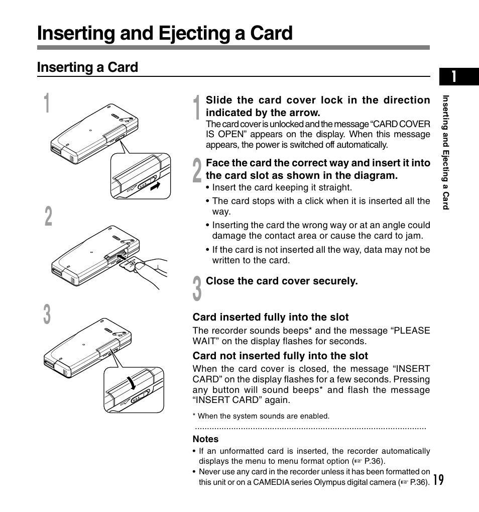 Inserting and ejecting a card | Olympus DS-4000 User Manual | Page 19 / 60