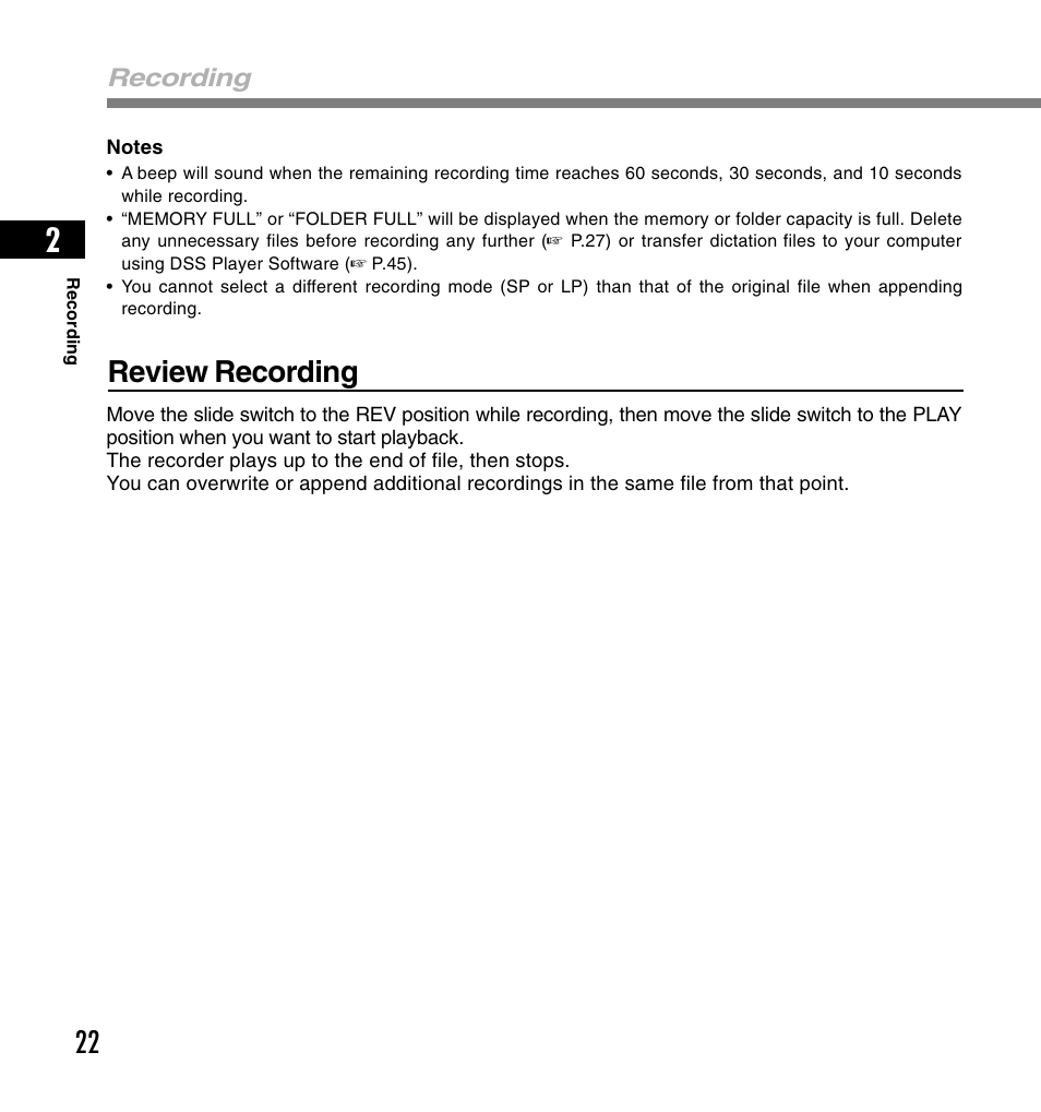 Review recording, Recording | Olympus DS-4000 User Manual | Page 22 / 60