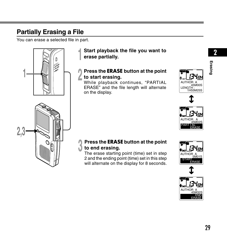 Partially erasing a file | Olympus DS-4000 User Manual | Page 29 / 60