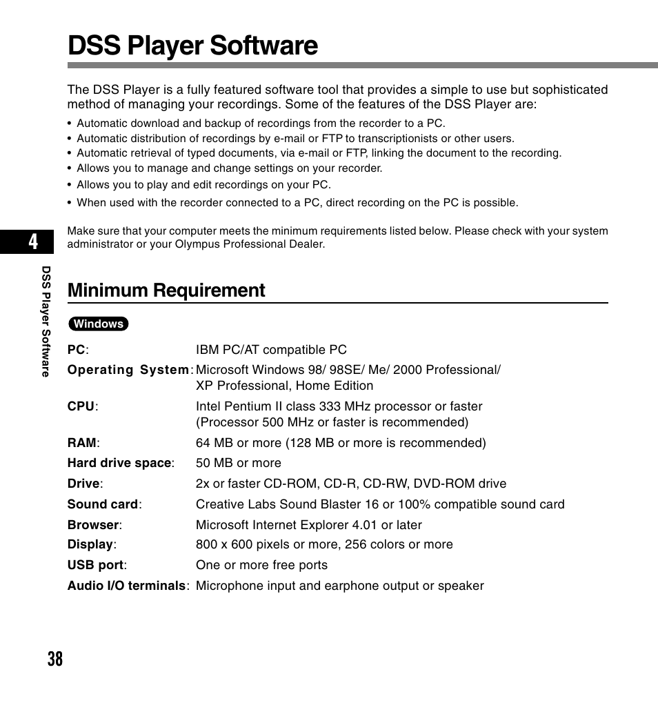 Dss player software, Minimum requirement | Olympus DS-4000 User Manual | Page 38 / 60
