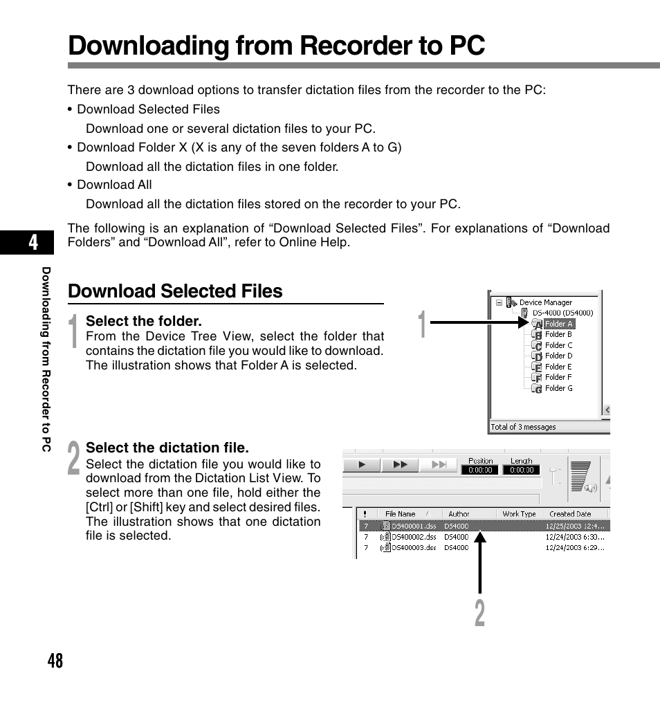 Downloading from recorder to pc | Olympus DS-4000 User Manual | Page 48 / 60