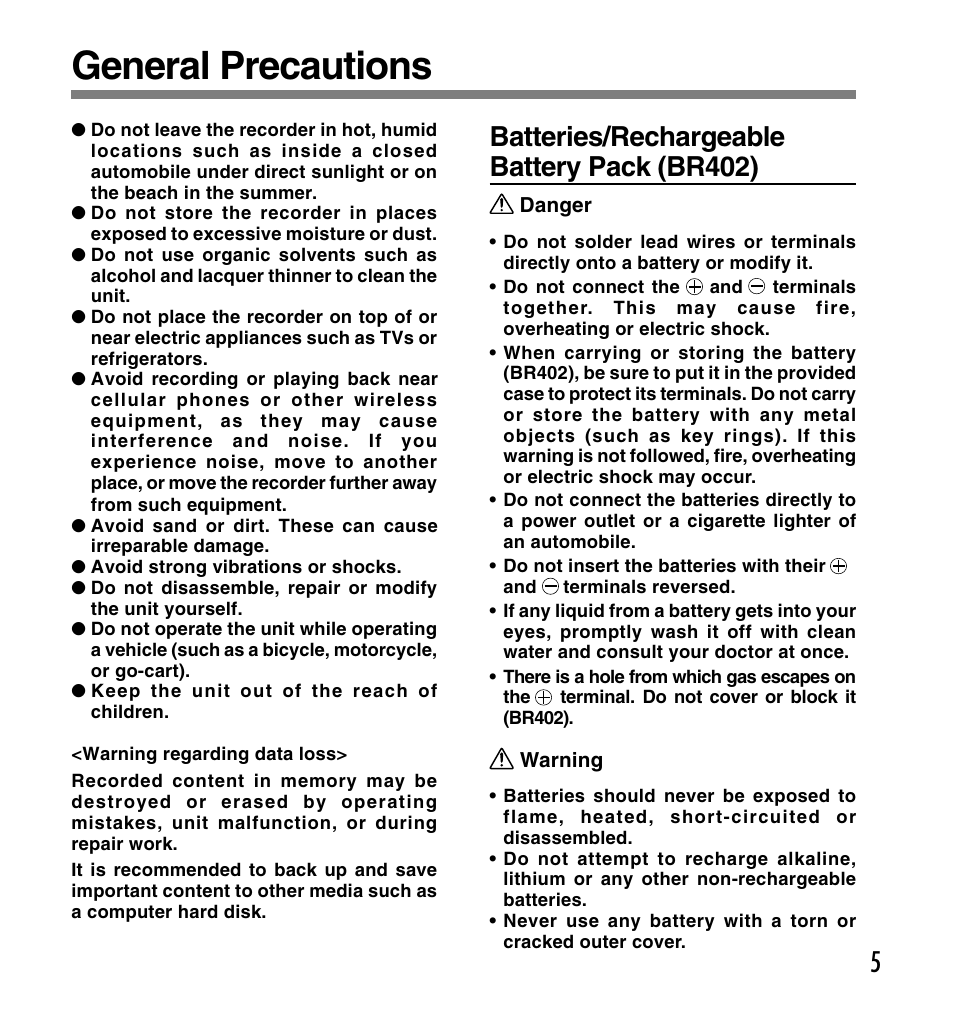 General precautions, Batteries/rechargeable battery pack (br402) | Olympus DS-4000 User Manual | Page 5 / 60