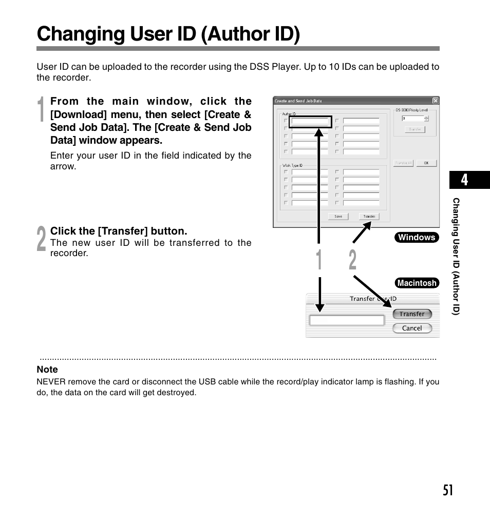 Changing user id (author id) | Olympus DS-4000 User Manual | Page 51 / 60