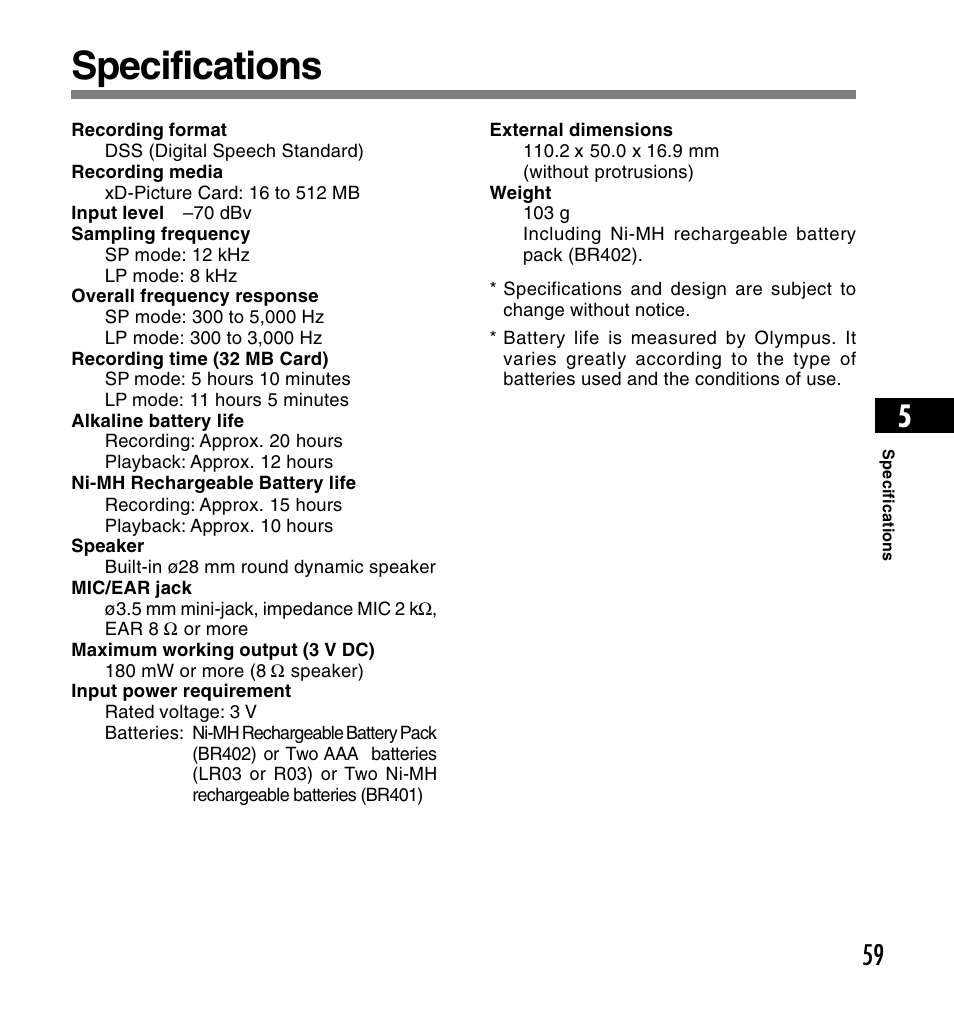 Specifications | Olympus DS-4000 User Manual | Page 59 / 60