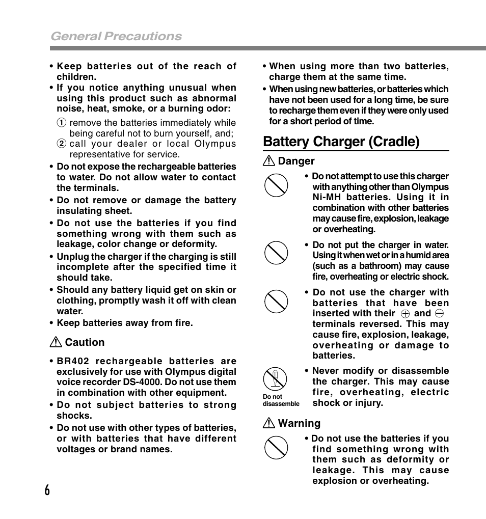 6battery charger (cradle), General precautions | Olympus DS-4000 User Manual | Page 6 / 60