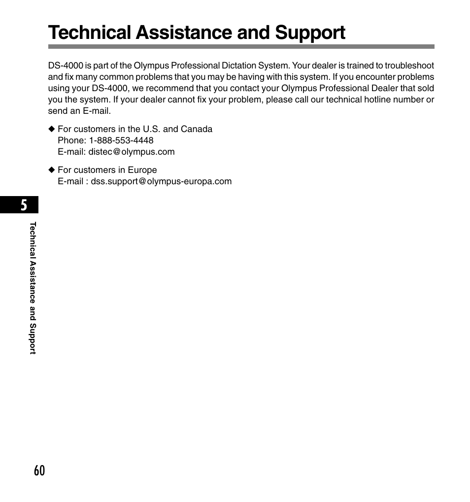 Technical assistance and support | Olympus DS-4000 User Manual | Page 60 / 60