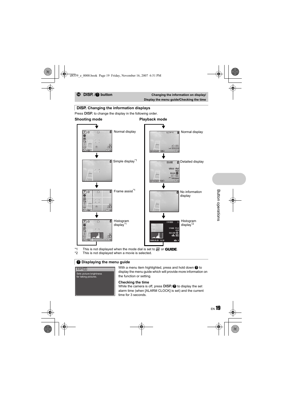 But ton opera tions, Checking the time, Dg / e button | Shooting mode, Playback mode, Frame assist, Simple display, Normal display, Histogram display, Normal display detailed display | Olympus 840 User Manual | Page 19 / 84