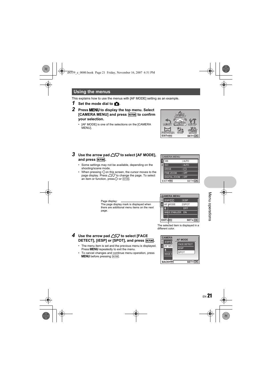 Using the menus, Menu op erati ons | Olympus 840 User Manual | Page 21 / 84