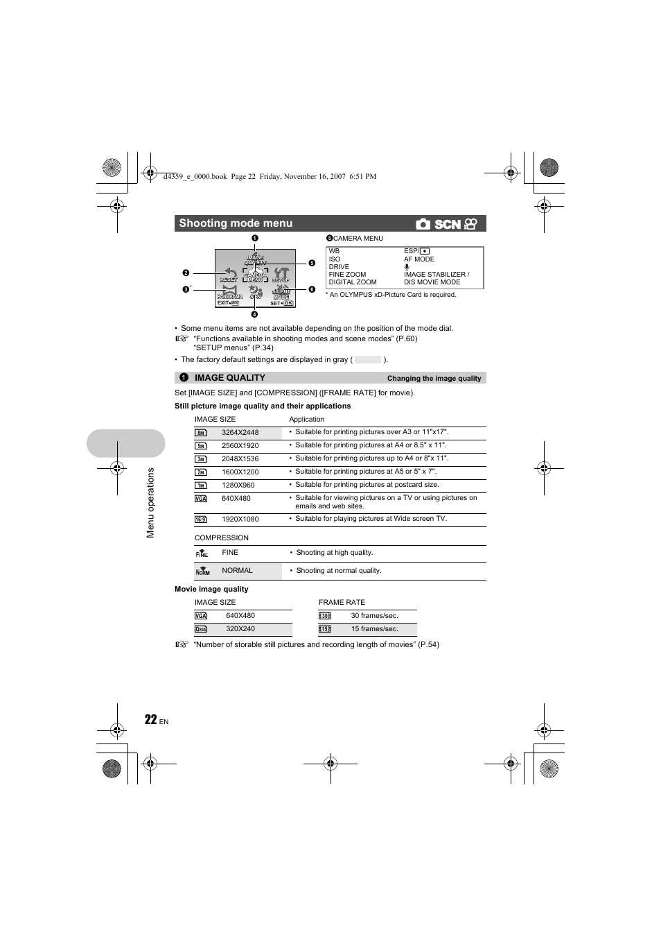 Shooting mode menu k s n, Menu op erati ons | Olympus 840 User Manual | Page 22 / 84