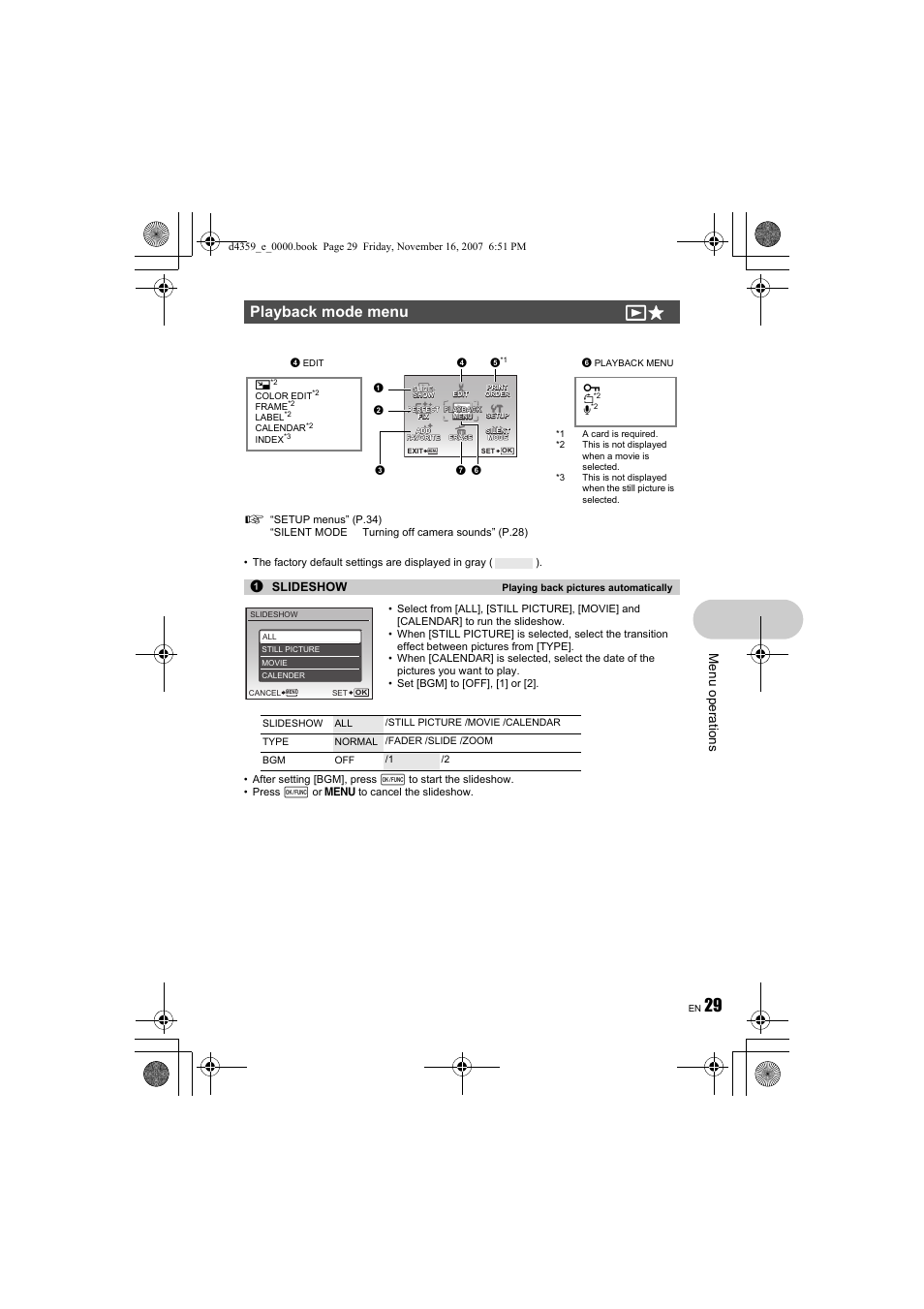 Playback mode menu qp, Menu op erati ons, 1slideshow | Olympus 840 User Manual | Page 29 / 84