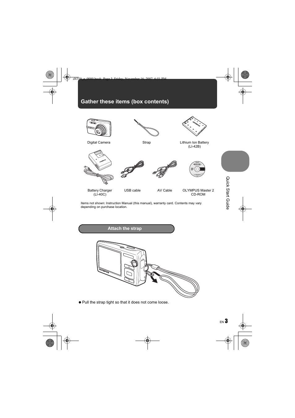 Quick start guide, 3gather these items (box contents) | Olympus 840 User Manual | Page 3 / 84