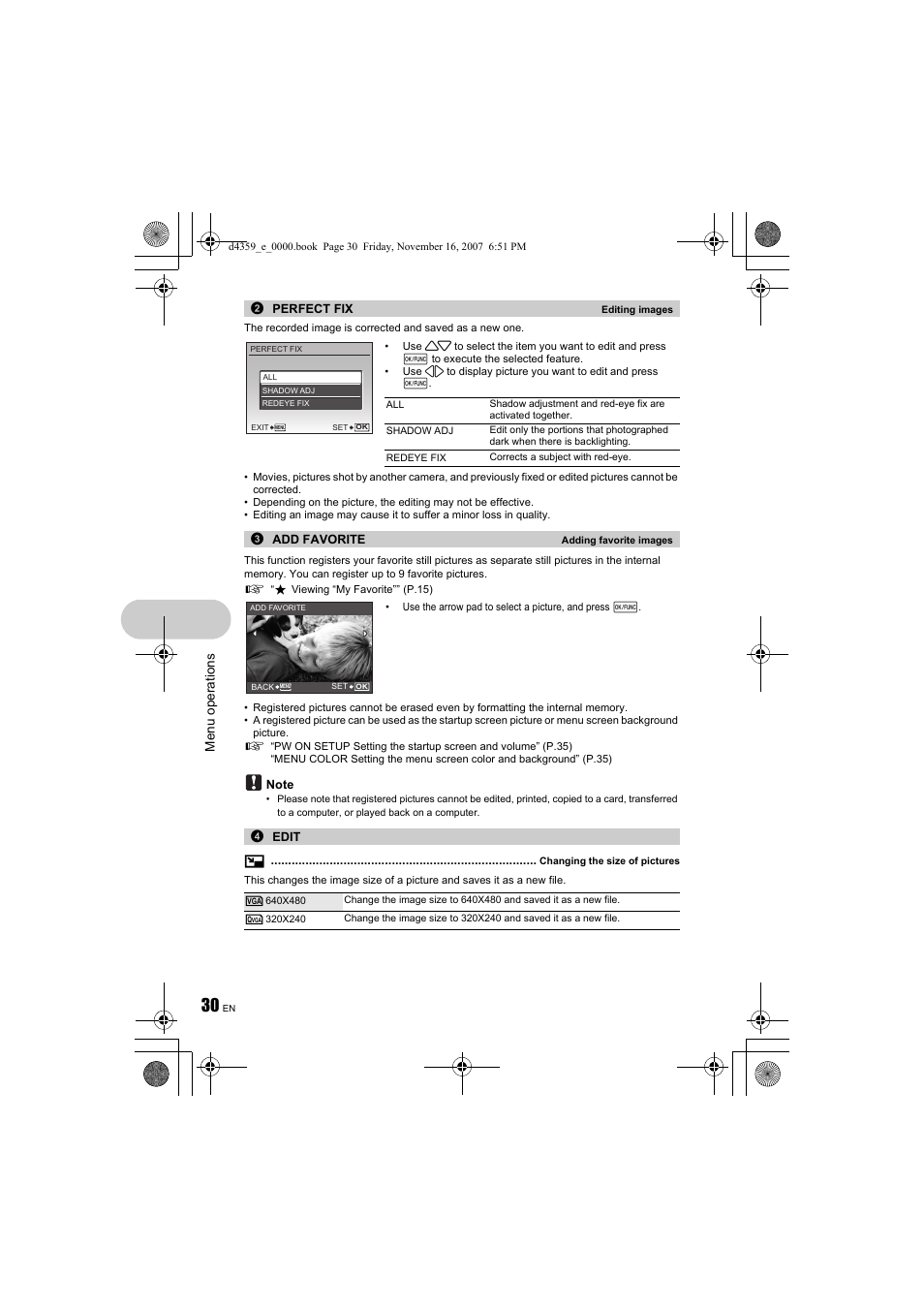 Add favorite adding favorite images” (p.30), G “perfect fix editing images” (p.30) | Olympus 840 User Manual | Page 30 / 84