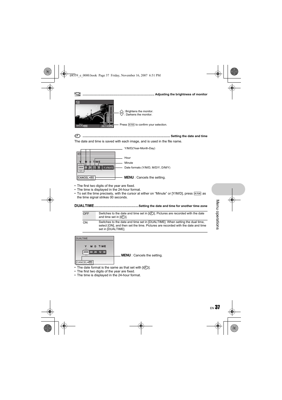 G “s adjusting the brightness of monitor” (p.37), Menu op erati ons | Olympus 840 User Manual | Page 37 / 84