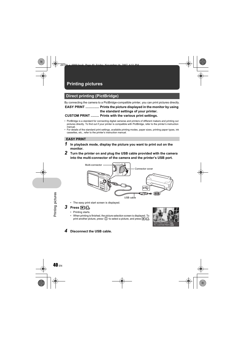 Printing pictures, P.40, G“easy print” (p.40) | Olympus 840 User Manual | Page 40 / 84