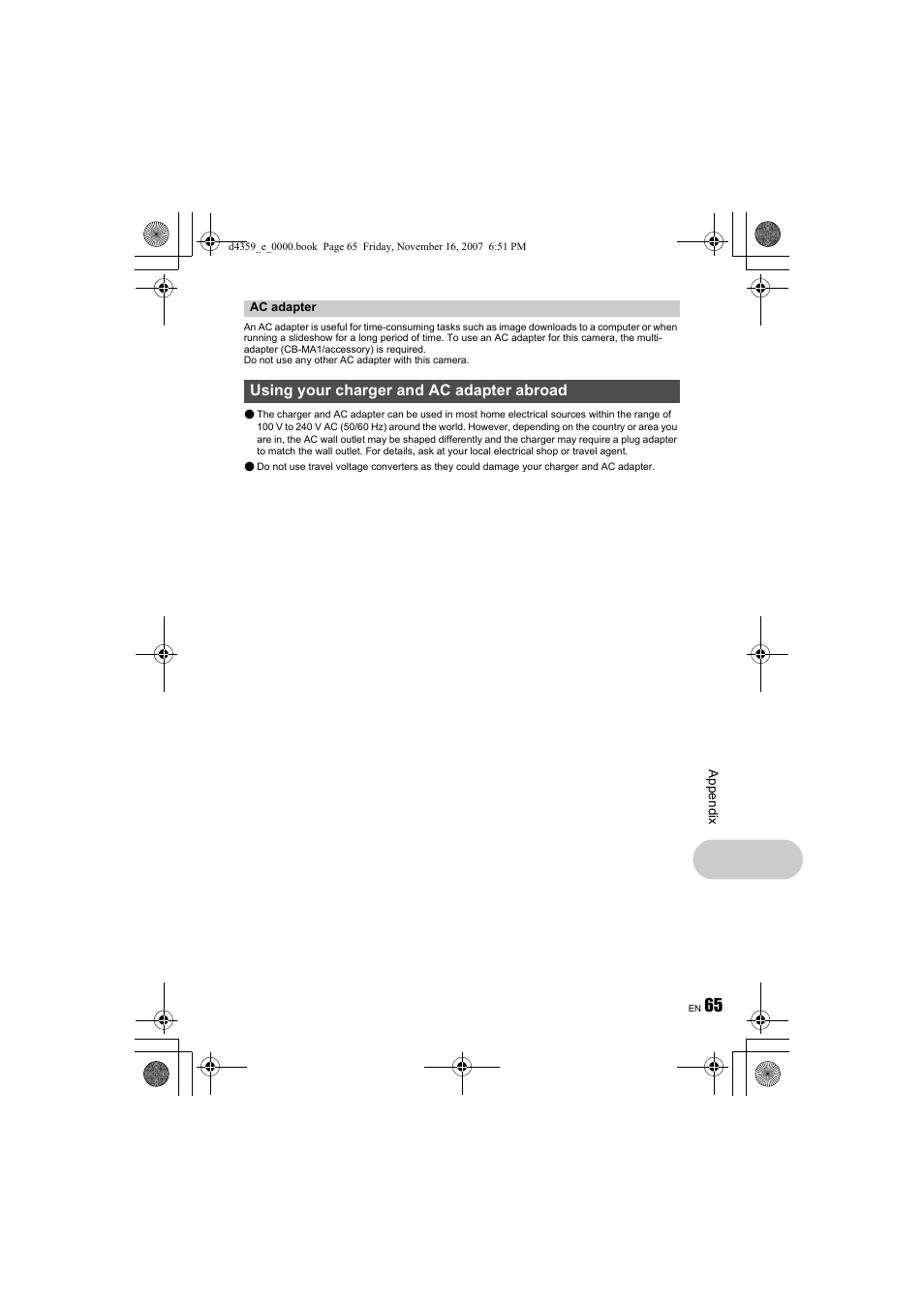 Using your charger and ac adapter abroad | Olympus 840 User Manual | Page 65 / 84