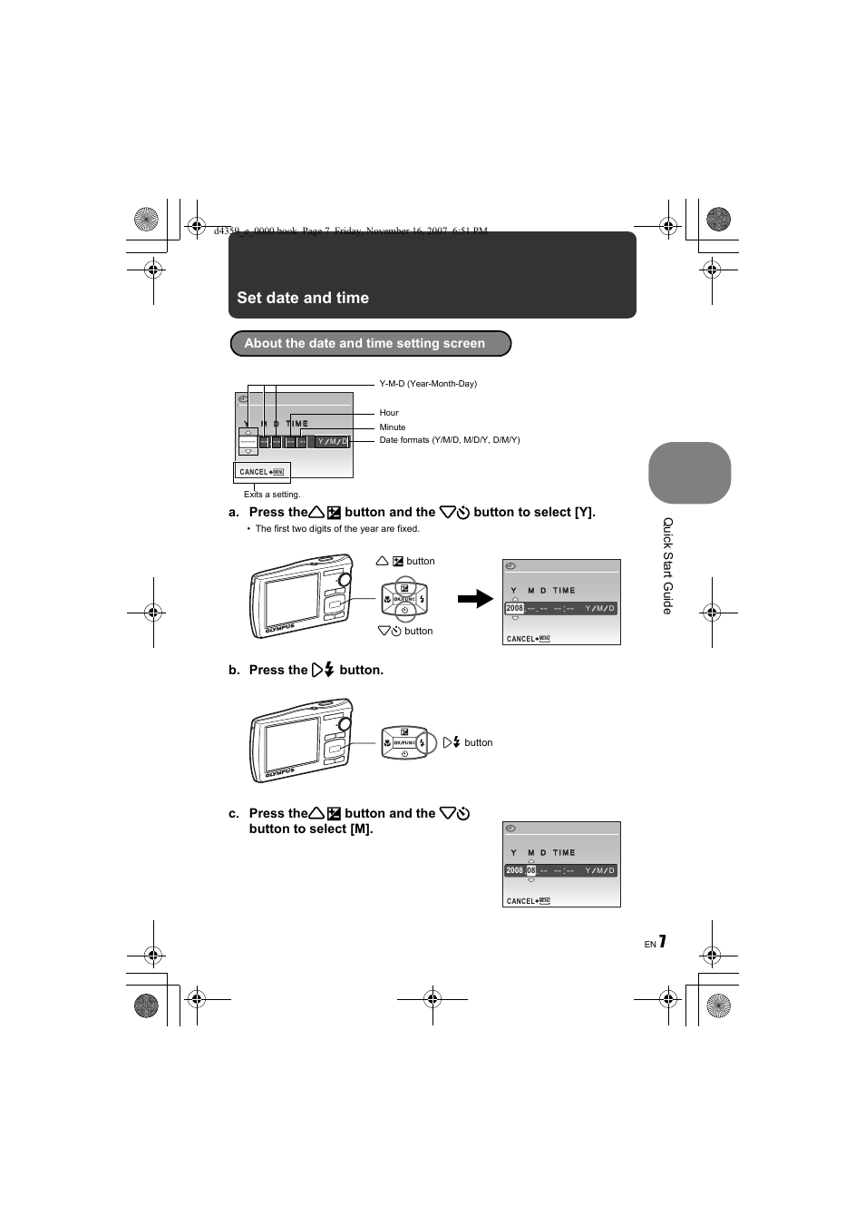 7set date and time, Quick start guide | Olympus 840 User Manual | Page 7 / 84