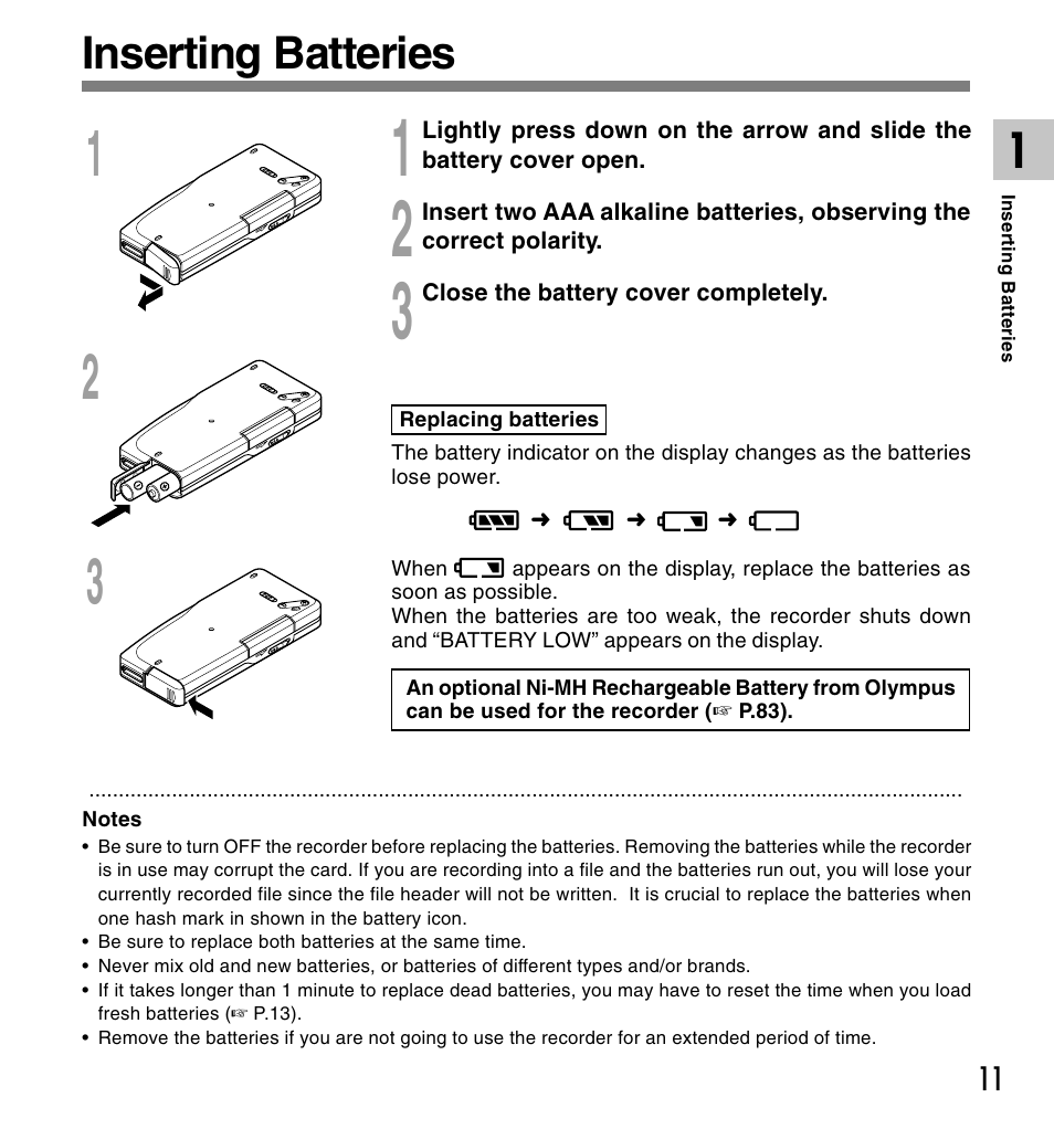Inserting batteries | Olympus DS-2300 User Manual | Page 11 / 86