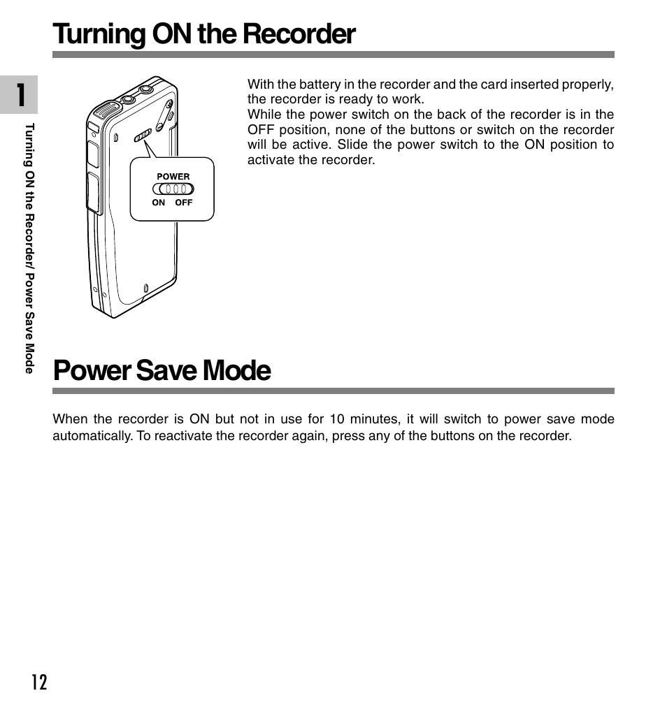 Turning on the recorder, Power save mode | Olympus DS-2300 User Manual | Page 12 / 86