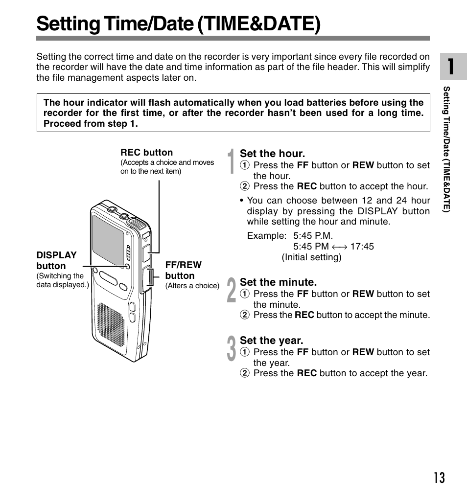 Setting time/date (time&date) | Olympus DS-2300 User Manual | Page 13 / 86