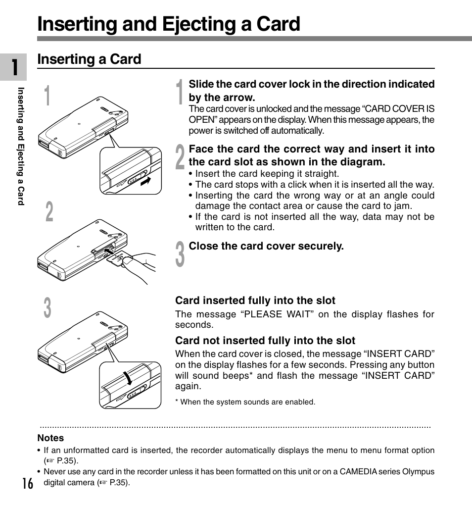 Inserting and ejecting a card | Olympus DS-2300 User Manual | Page 16 / 86