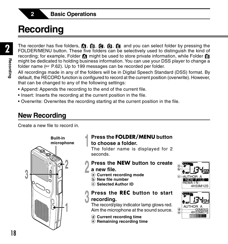 Recording, New recording | Olympus DS-2300 User Manual | Page 18 / 86