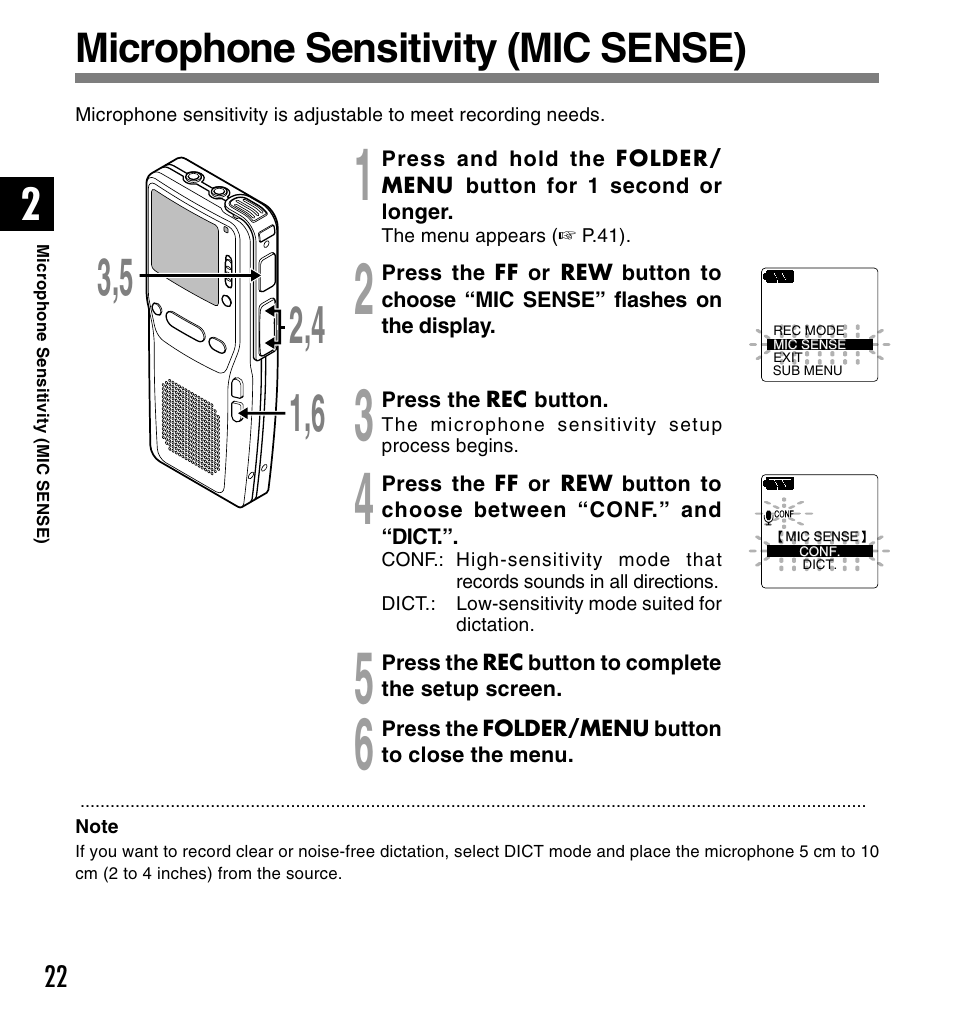 Microphone sensitivity (mic sense) | Olympus DS-2300 User Manual | Page 22 / 86