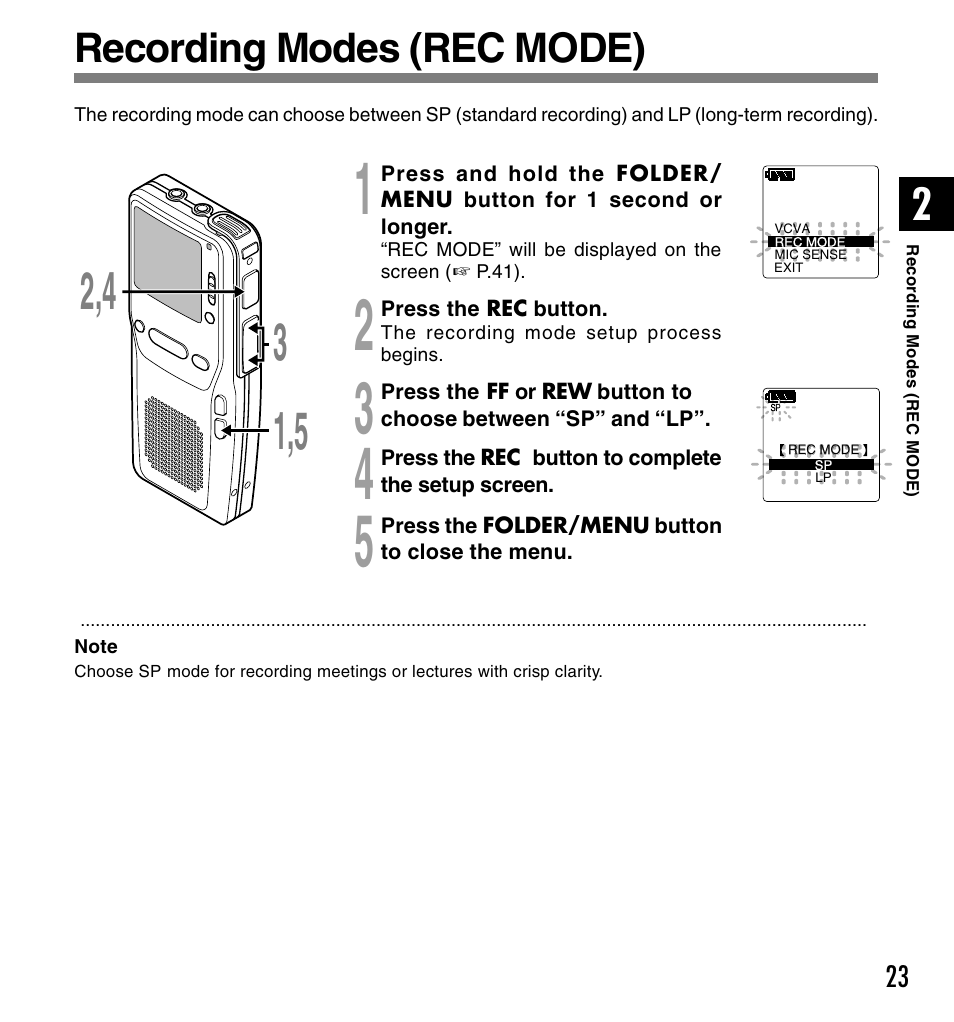 Recording modes (rec mode) | Olympus DS-2300 User Manual | Page 23 / 86