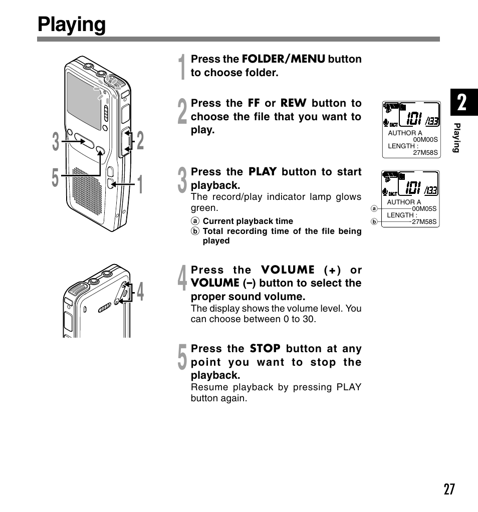 Playing | Olympus DS-2300 User Manual | Page 27 / 86